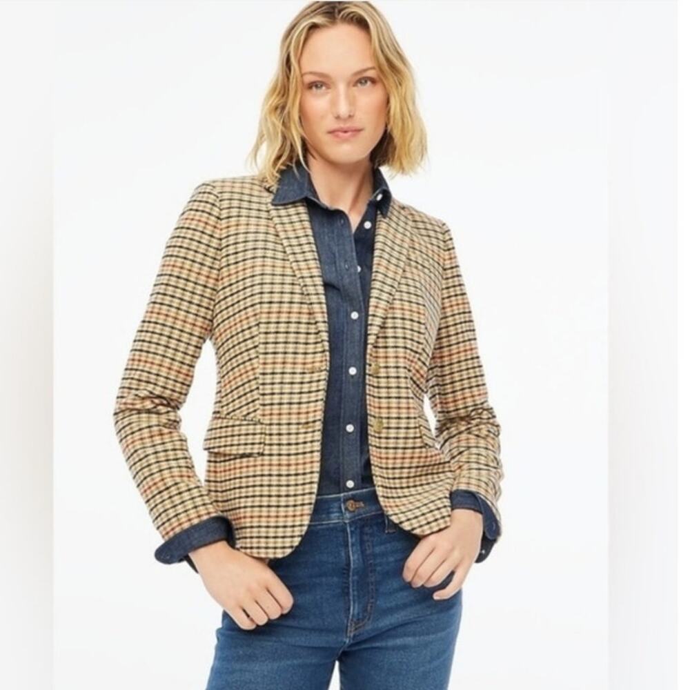 J.Crew Tweed Schoolboy Blazer Women 14 Camel Navy Plaid Gold Crest Buttons NEW